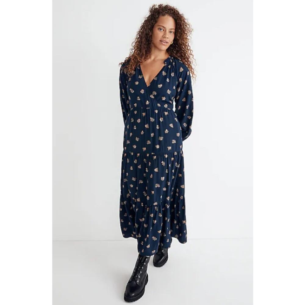 Madewell Navy Floral V-Neck Tiered Midi Dress